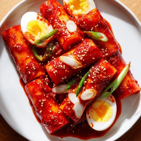 Steaming hot Korean Tteokbokki with vibrant red sauce and perfectly boiled eggs for enjoyment.