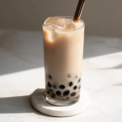 Creamy instant boba tea with sweetened condensed milk served over ice and chewy tapioca pearls.