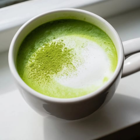 Creamy, frothy matcha green tea latte topped with a sprinkle of matcha powder, served hot in a clear glass mug for a vibrant morning treat.