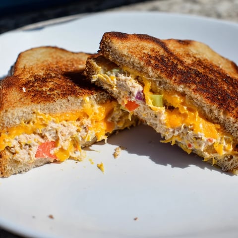 Golden-brown Spicy Tuna Melt sandwiches on sourdough, oozing melted cheddar and spicy tuna salad, served on a rustic plate.