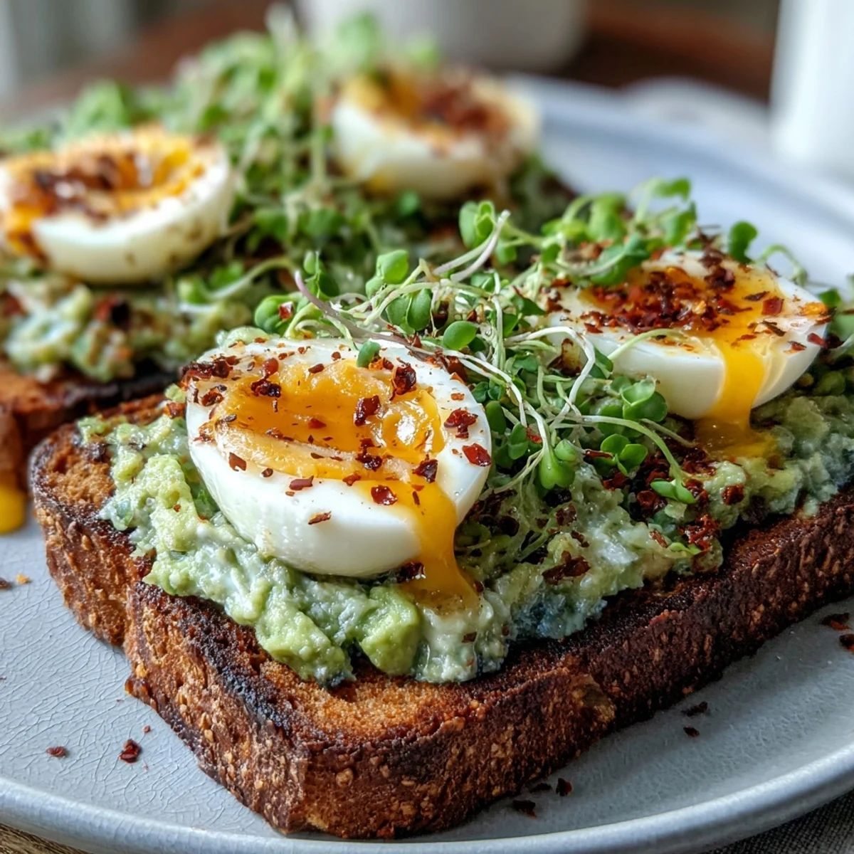 Creamy avocado and soft-boiled egg toast topped with microgreens and chili flakes for a nutritious, vibrant breakfast.