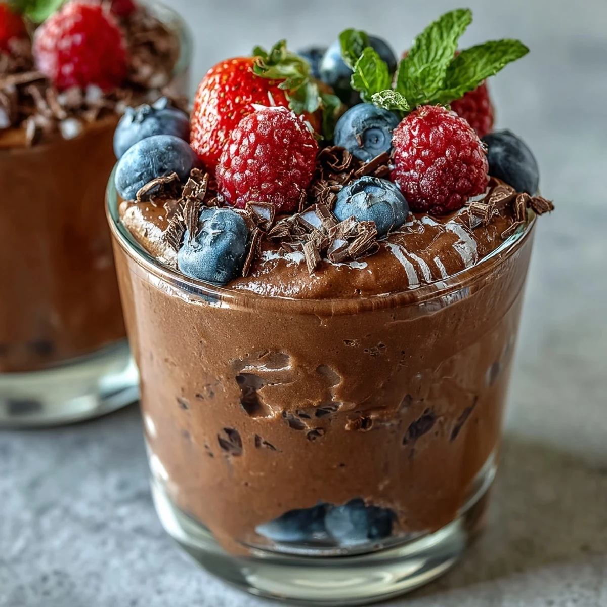 Creamy cottage cheese chocolate mousse topped with vibrant fresh berries and dark chocolate shavings for a healthy dessert.  