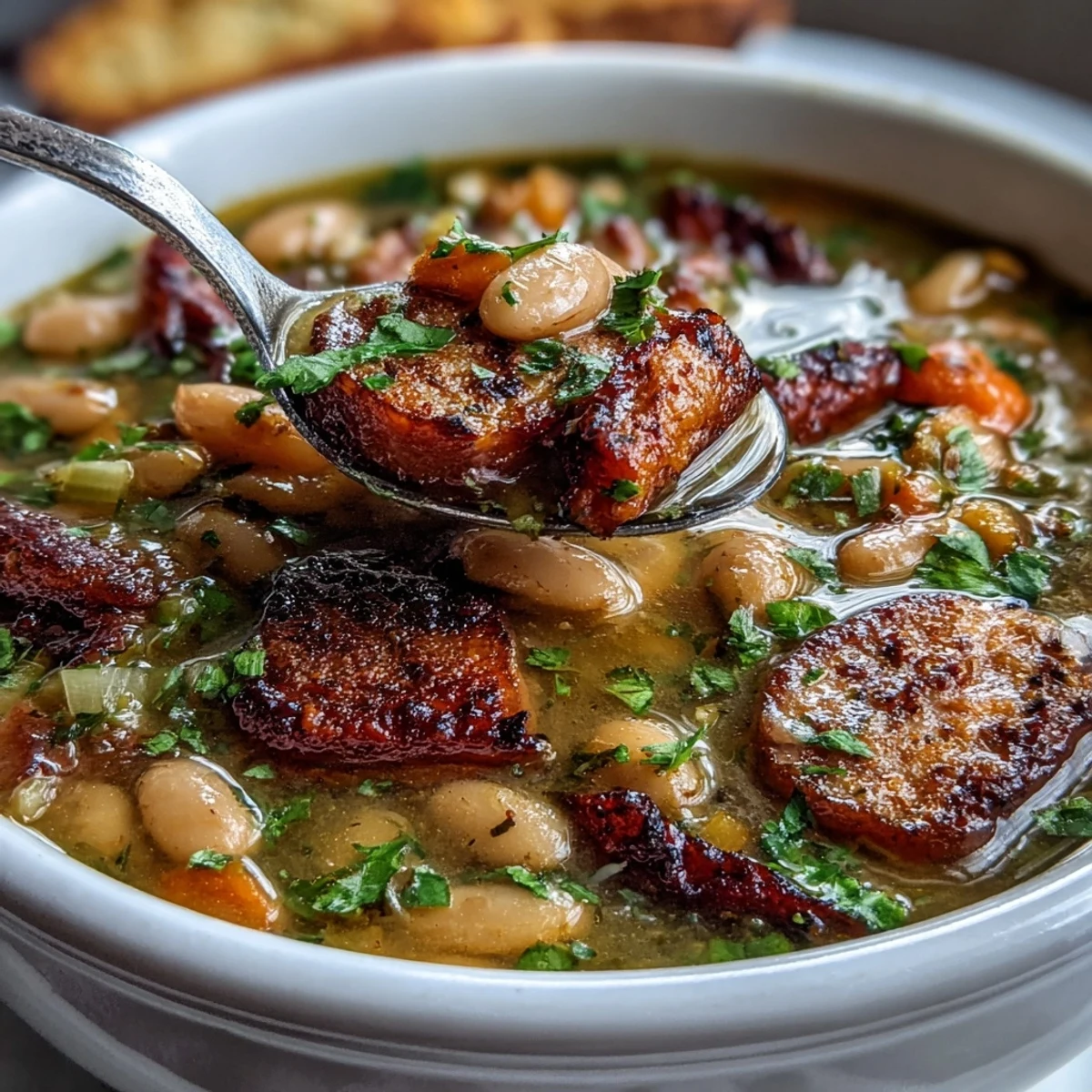 Hearty slow cooker ham and bean soup with tender carrots and celery in a savory broth.