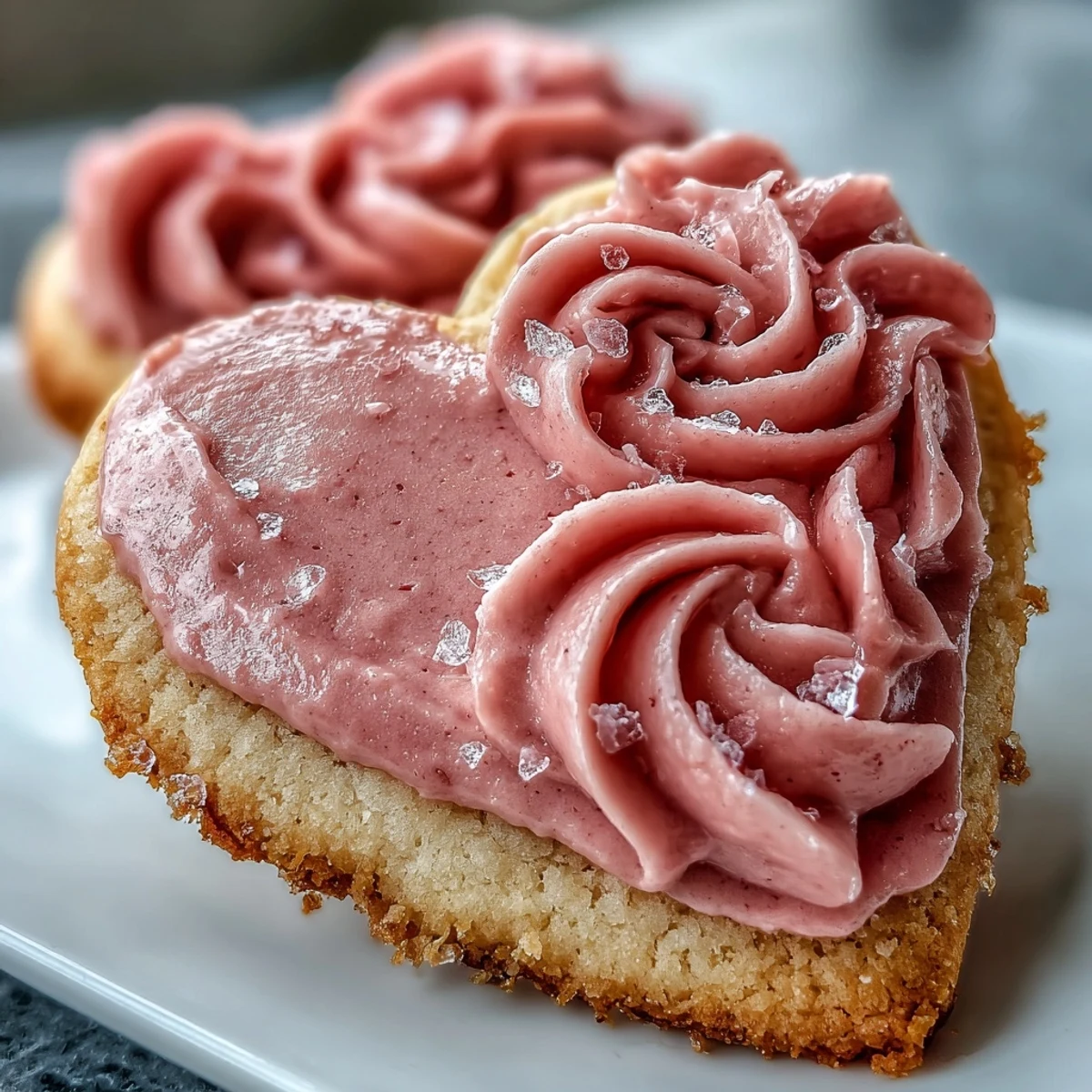 Valentines Day strawberry sugar cookies with glossy royal icing, decorated with pink hearts for a festive dessert.