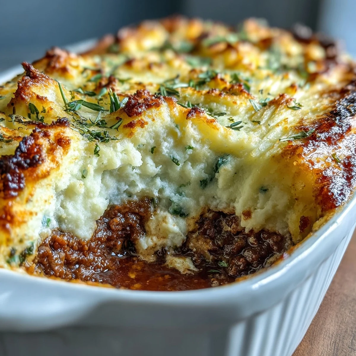Shepherds Pie with Cauliflower Mash Topping - a comforting dish with savory meat filling and creamy cauliflower mash.