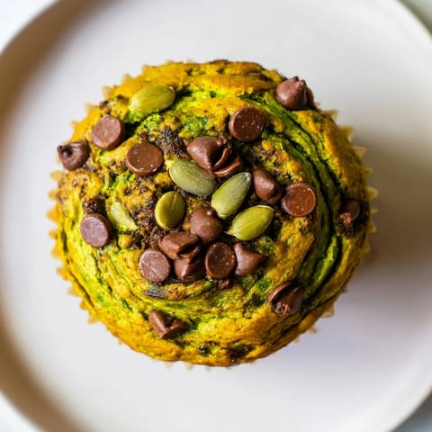 Fluffy matcha pumpkin muffins topped with pumpkin seeds, ideal for a healthy snack.  