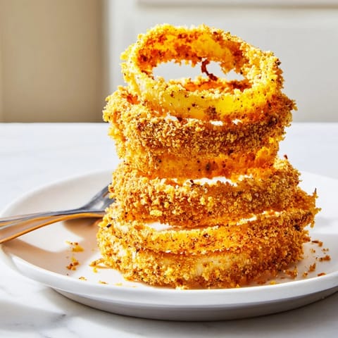 Golden-brown air fryer onion rings, perfectly crunchy and inviting for all.  