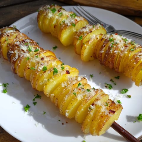 Golden spiral potatoes, expertly air-fried and topped with fresh parsley and cheese.  
