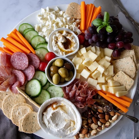 Delicious Girl Dinner Platter showcasing vibrant veggies, creamy cheeses, and savory snacks.  