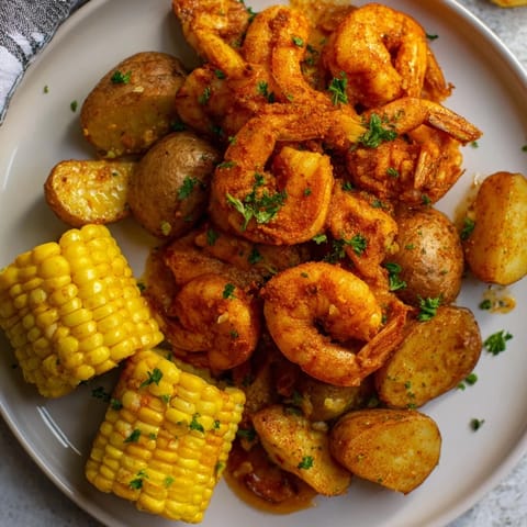 Golden Cajun Shrimp and sweet corn platter, perfectly cooked and served with lemon wedges for a flavorful meal.