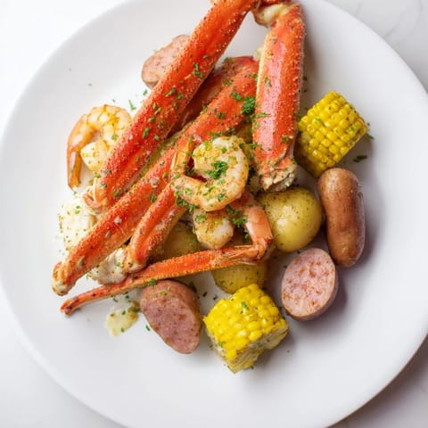 A close-up shot of a flavorful seafood boil, featuring succulent crab, shrimp, and sausage.