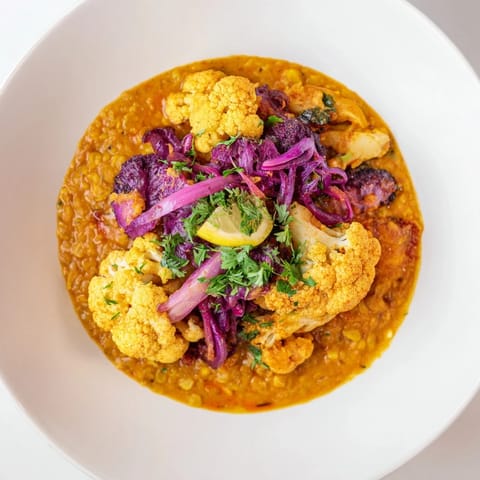 Bright, flavorful Red Cabbage, Cauliflower & Coconut Dhal; a comforting vegetarian Indian-inspired meal.
