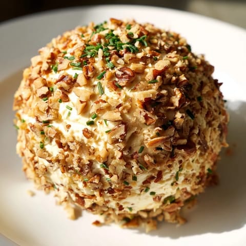 This photo shows a rounded Classic Cheese Ball with Ranch Seasoning, speckled with green herbs and nuts.