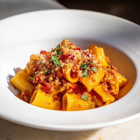 Bright red arrabbiata sauce coats penne, topped with golden crunchy chickpeas, a delightful Spicy Arrabbiata Pasta.