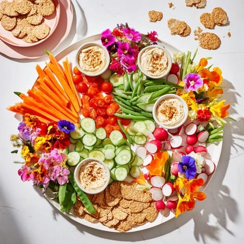 Vibrant photo of fairy garden platter: edible flowers, colorful veggies, and creamy dips.