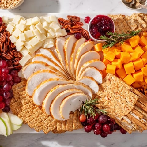 This appetizing Turkey Cheese and Cracker Board displays a variety of cheeses and colorful, fresh fruit and nuts.