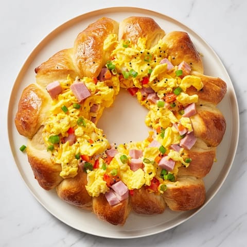 A freshly baked Wreath-Shaped Egg and Ham Bake, perfect for a festive brunch, ready to serve!
