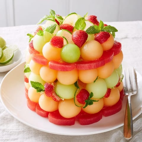 This simple fruit platter features circles of cantaloupe, berries, and watermelon, ready to serve and enjoy.
