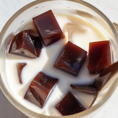 Chilled coffee jelly cubes suspended in a creamy milk blend, creating a refreshing iced coffee drink.  