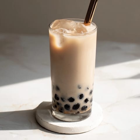Creamy instant boba tea with sweetened condensed milk served over ice and chewy tapioca pearls.