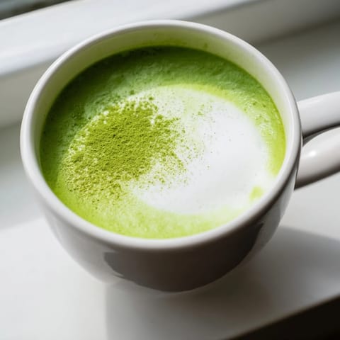 Creamy, frothy matcha green tea latte topped with a sprinkle of matcha powder, served hot in a clear glass mug for a vibrant morning treat.