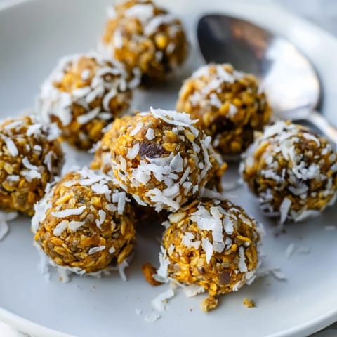 A close-up of no-bake Ginger Turmeric Energy Balls coated in shredded coconut.