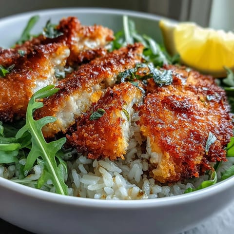 Golden, panko-Parmesan breaded chicken cutlets sliced over a warm rice bowl with fresh arugula and lemon juice.