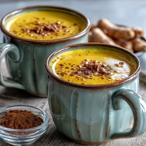 A vibrant, spiced Turmeric and Ginger Golden Milk in a ceramic mug.