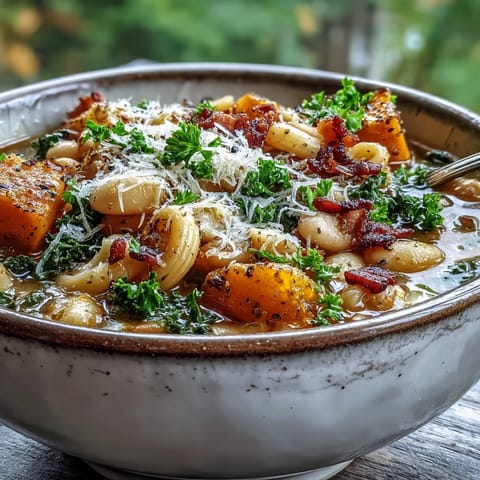 Golden bowls of steaming Fall Minestrone highlight butternut squash, kale, and pancetta, ready for a cozy dinner.