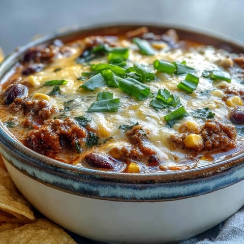 A pot of Creamy Taco Soup simmering on the stove, featuring bright red tomatoes, sweet corn, and black beans in a rich broth.