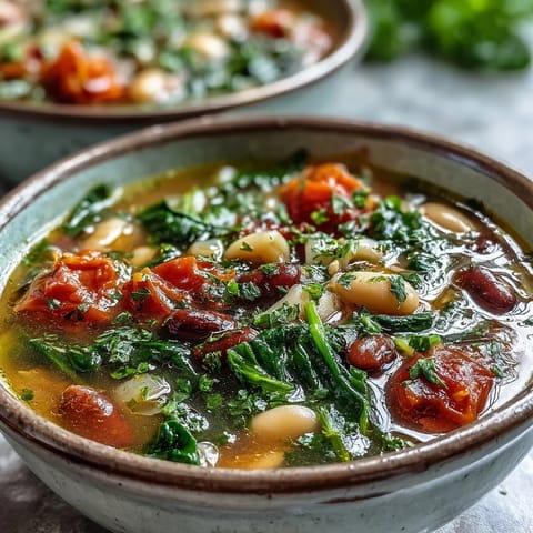 Close-up of vibrant Minestrone Soup featuring tender vegetables, beans, and pasta swimming in a rich tomato broth.