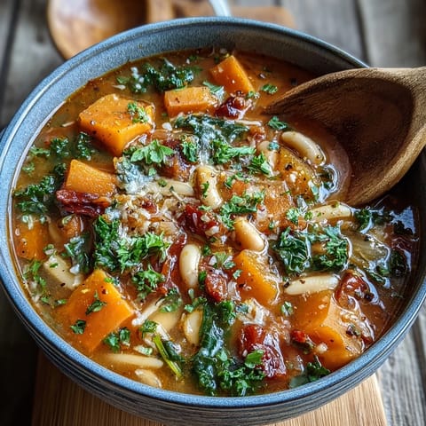 A close-up of Winter Minestrone Soup With Butternut Squash and Kale in a rustic bowl, garnished with fresh parsley and Parmesan.