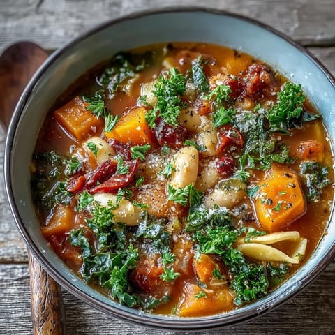 Spoon lifting a serving of Winter Minestrone Soup With Butternut Squash and Kale, revealing tender beans and pasta in rich tomato broth.