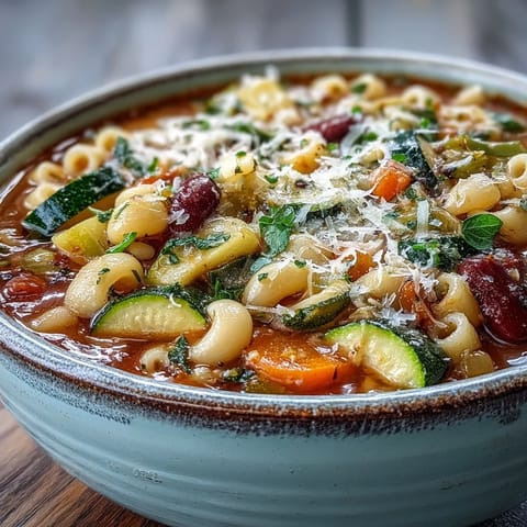 Steaming bowl of homemade Minestrone Soup featuring ditalini pasta, spinach, and tomatoes, garnished with parsley and Parmesan.