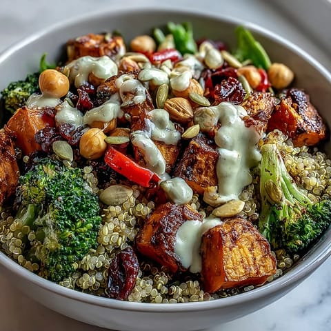A close-up side shot showcases the hearty Meal Prep Week-Long Power Bowl topped with crunchy almonds and a creamy tahini drizzle.