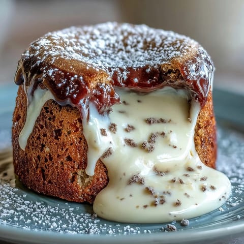 Freshly baked Hojicha White Chocolate Lava Cake with a molten white chocolate and roasted tea center on a white plate.