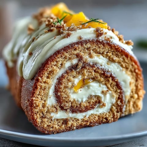 A tight spiral of Hojicha Roll Cake showcases roasted tea cream and mango filling, cut into neat, ready-to-serve slices.