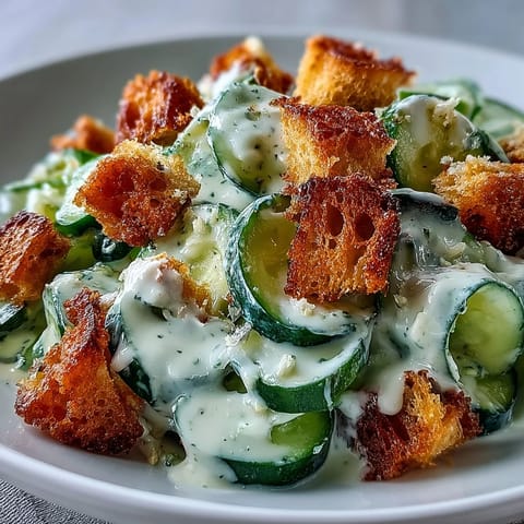 Cucumber Caesar Salad served in a white bowl garnished with herbs, a perfect light lunch or refreshing side dish.