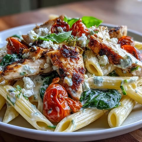 Roasted Garlic & Feta Chicken Pasta served in a skillet garnished with fresh parsley and crumbled feta.