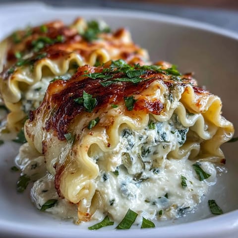 Golden-baked Garlic Butter Lasagna Roll-Ups sit in a dish, filled with creamy ricotta and spinach, topped with melted mozzarella.