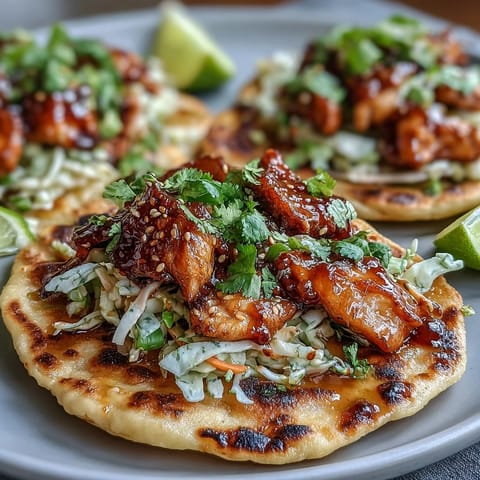 Two fluffy garlic naan tacos brimming with sticky honey-garlic chicken and a crisp, tangy cabbage-carrot slaw garnish.
