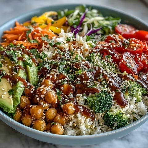 Freshly prepared Rainbow Veggie Buddha Bowl with Sesame Ginger Dressing, topped with chickpeas, sesame seeds, and green onions, served as a healthy lunch.