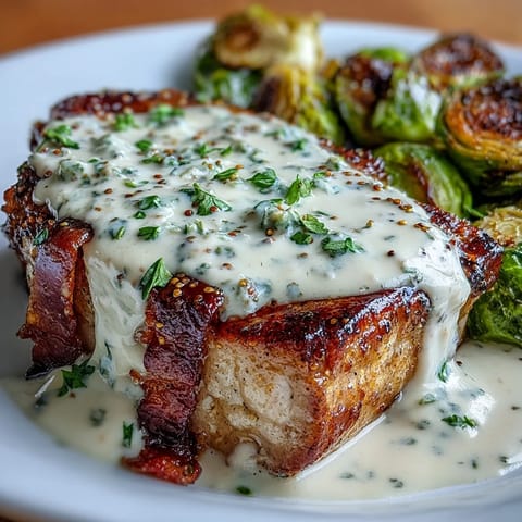 Thick-cut pork chops topped with tangy mustard cream, plated with buttery roasted Brussels sprouts.