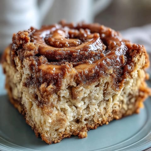 A warm slice of High-Protein Cinnamon Swirl Coffee Cake Oats served with a dollop of Greek yogurt.