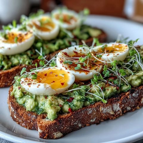 A light and wholesome open-faced toast with ripe avocado, soft egg, fresh microgreens, and a touch of chili heat.