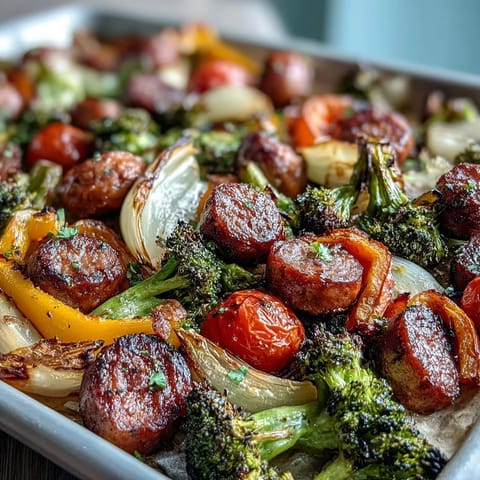 Sheet Pan Rainbow Veggie and Sausage Bake with colorful roasted peppers, zucchini, and carrots, perfectly caramelized and served with sliced sausage.  