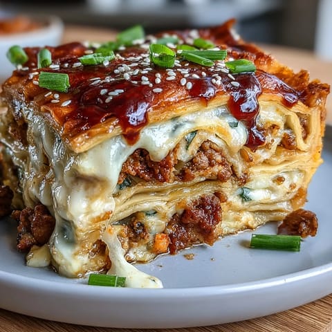 Asian Dumpling Lasagna with Soy Ginger Sauce in a golden-baked casserole dish, layered with tender dumpling wrappers, savory meat, and melted cheese.