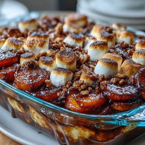 Candied yams with marshmallow pecan crumble, golden marshmallows melted over spiced sweet potatoes baked in brown sugar glaze.  
