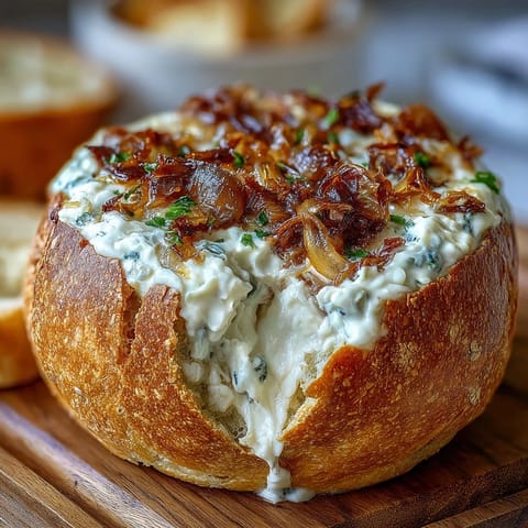 Golden caramelized onions mixed into rich dip, baked inside a rustic sourdough loaf, perfect for sharing at gatherings.