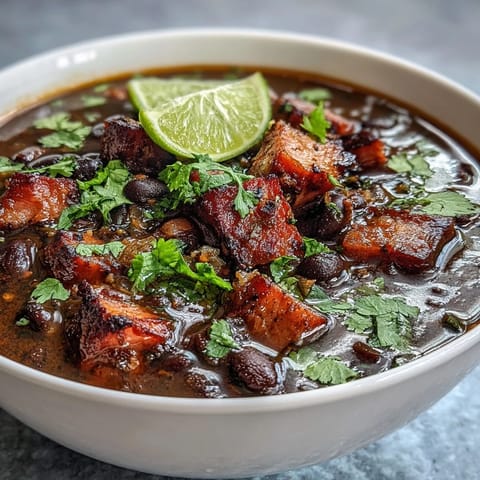 A steaming bowl of hearty ham and black bean soup garnished with fresh cilantro and lime wedges.  